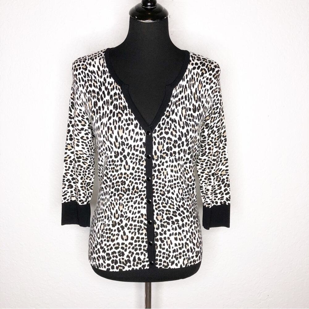 WHBM white black tan leopard snap front cardigan size Small